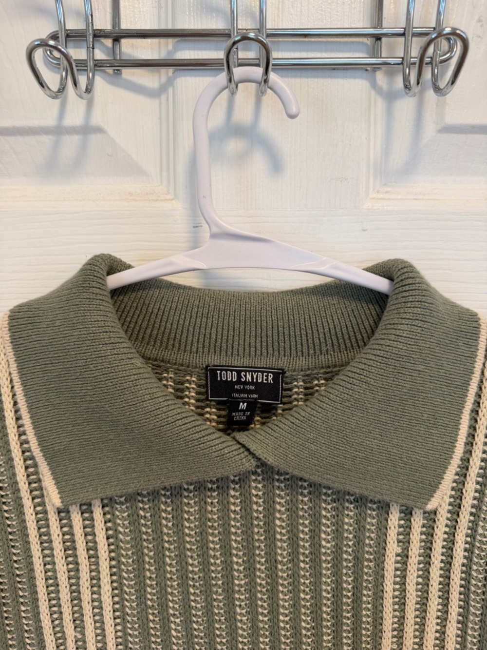 Todd Snyder Olive Green Knit Polo with Cream Stripes - Picture 4 of 8